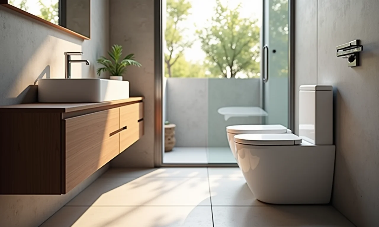 Banheiro moderno com assento sanitário combinando com o estilo da decoração.