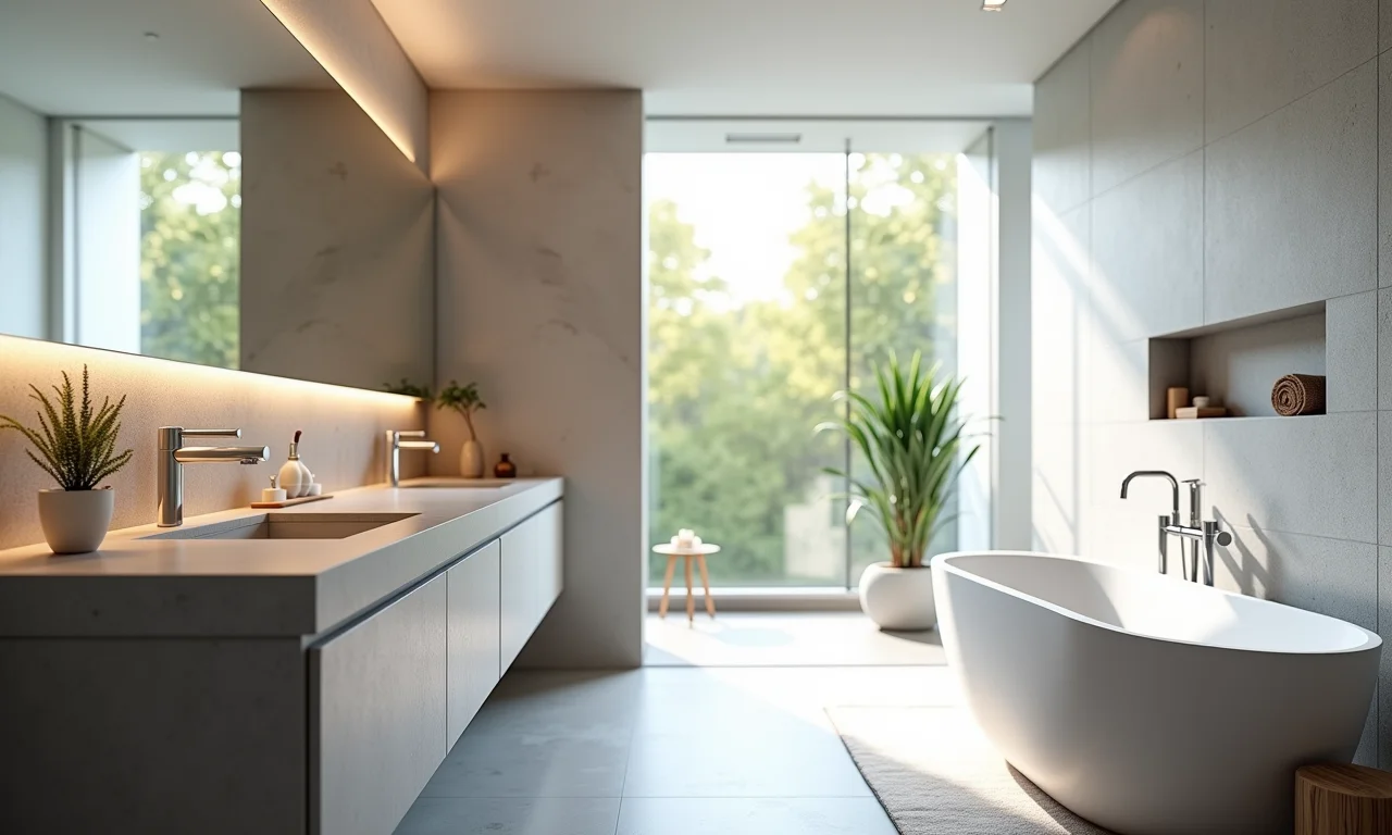 Banheiro moderno com bancadas de Silestone.