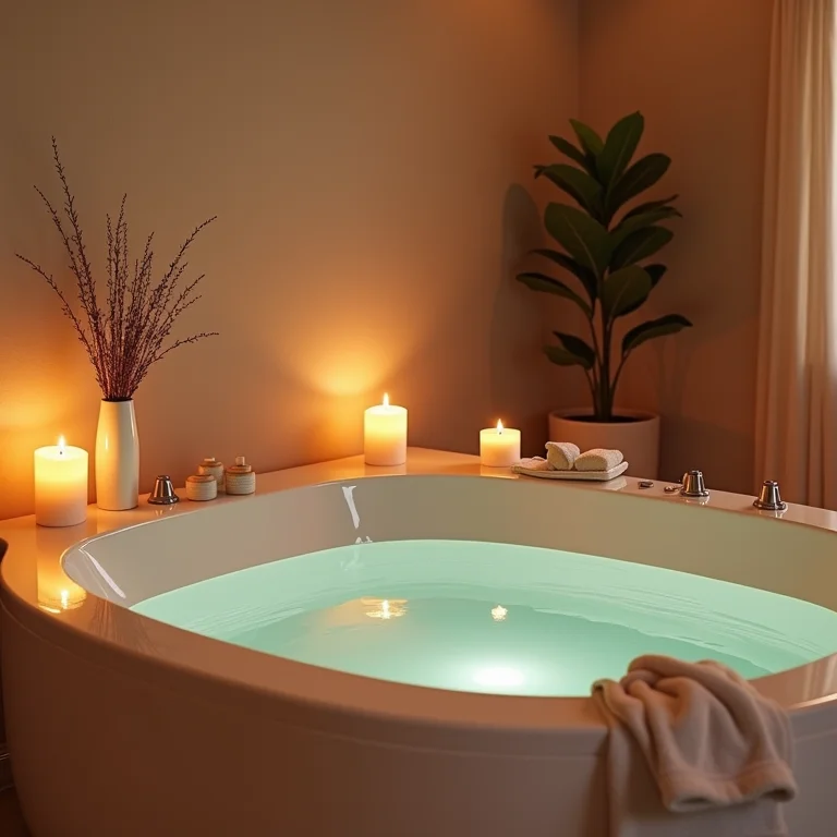 Banheiro moderno com banheira de hidromassagem e velas.