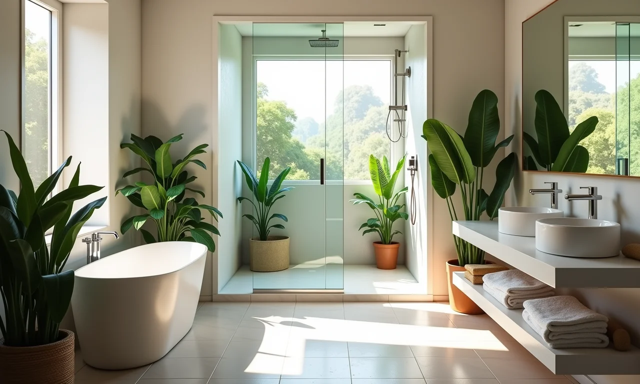 Banheiro moderno com box até o teto, plantas e toalhas brancas.