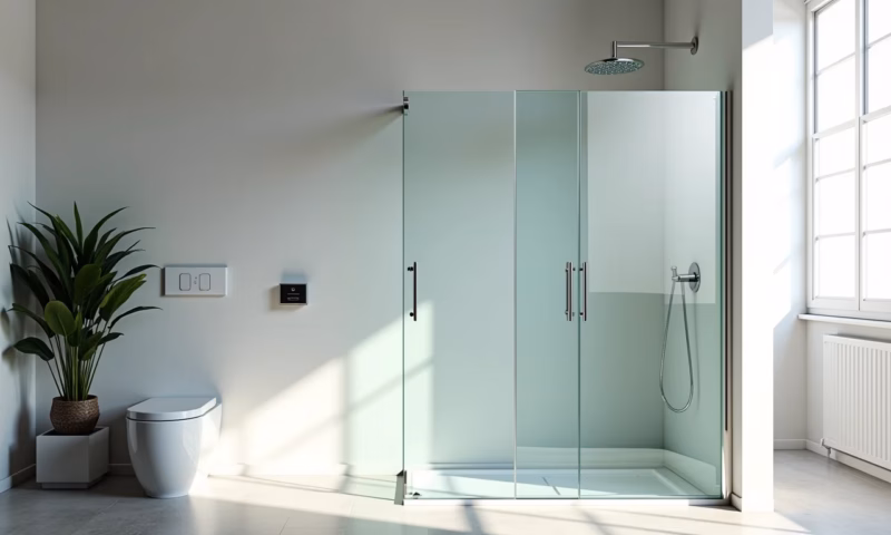 Banheiro moderno com box de vidro até o teto, design minimalista e luz natural.