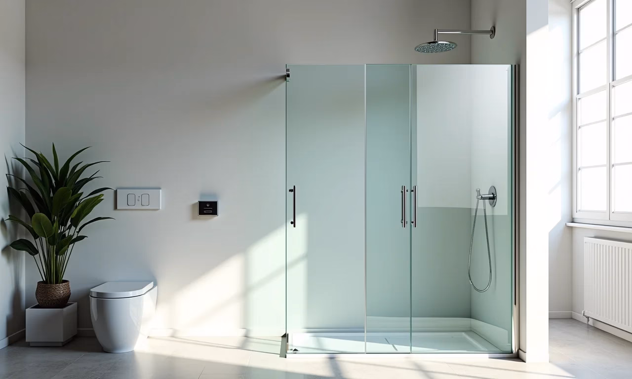 Banheiro moderno com box de vidro até o teto, design minimalista e luz natural.