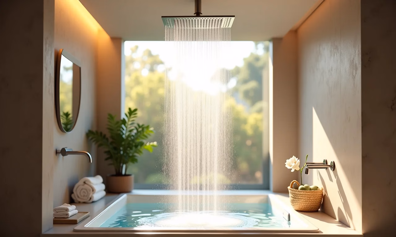 Banheiro moderno com chuveiro de teto proporcionando uma experiência relaxante.