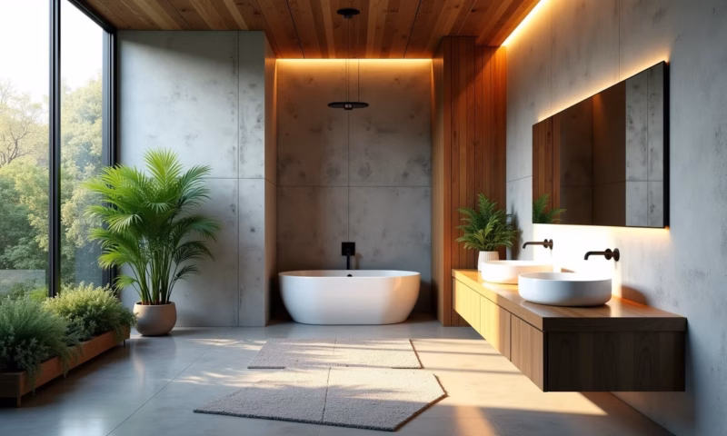 Banheiro moderno com cimento queimado e madeira, iluminação natural e plantas.