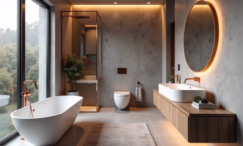 Banheiro moderno com cimento queimado, iluminação suave e detalhes em rose gold.