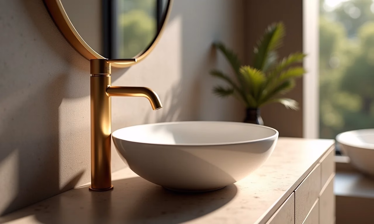 Banheiro moderno com cuba de apoio elegante e iluminação natural.