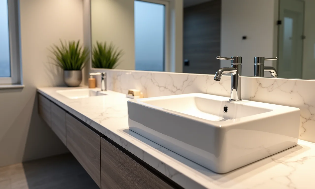 Banheiro moderno com cuba de apoio quadrada e design minimalista.