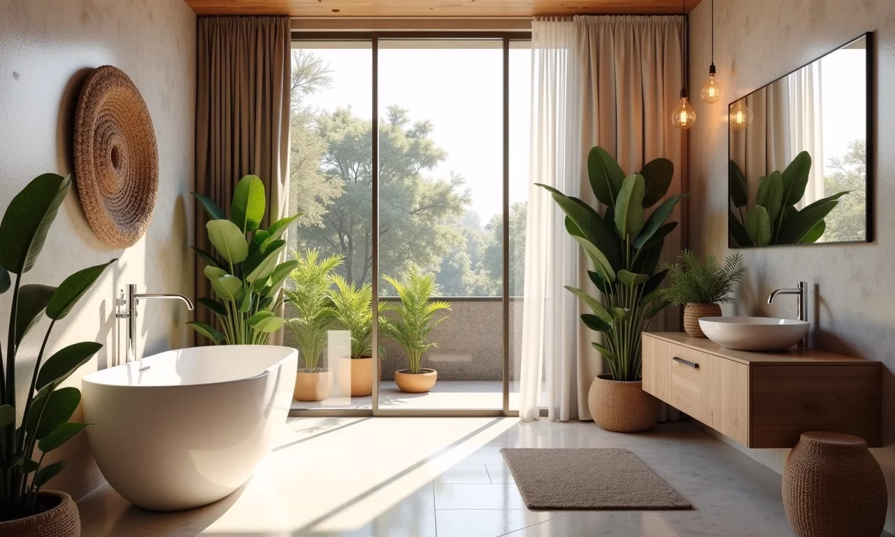 Banheiro moderno com design brasileiro vibrante e iluminação natural.