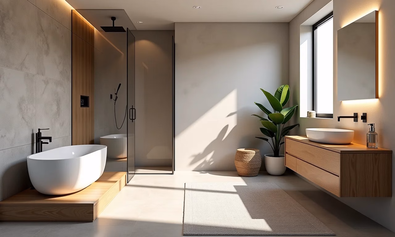 Banheiro moderno com diversos acabamentos de azulejo e luz natural.