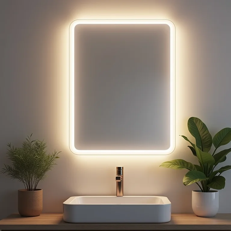 Banheiro moderno com espelho LED desligado, foco em economia de energia.