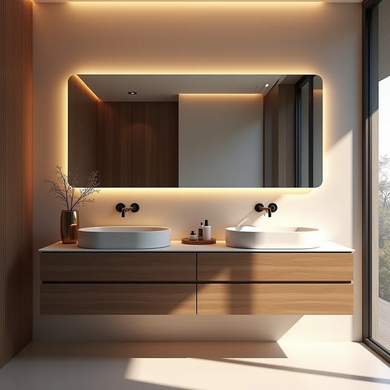 Banheiro moderno com gabinete de duas cubas que valoriza o imóvel