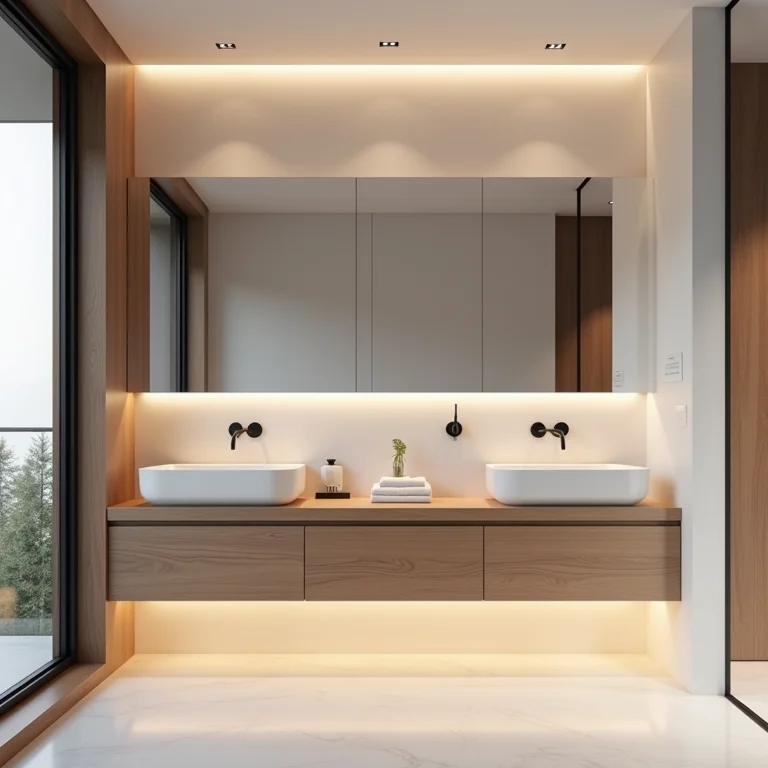 Banheiro moderno com gabinete suspenso, design minimalista e iluminação ambiente.