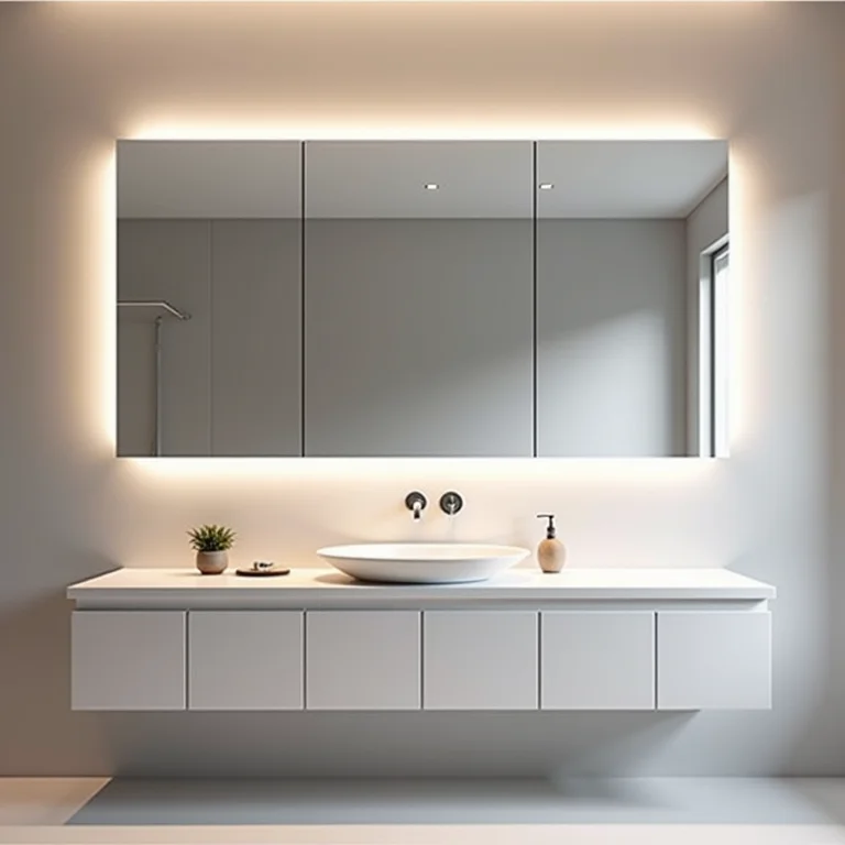 Banheiro moderno com parede de espelho ampla refletindo a bancada e a iluminação.