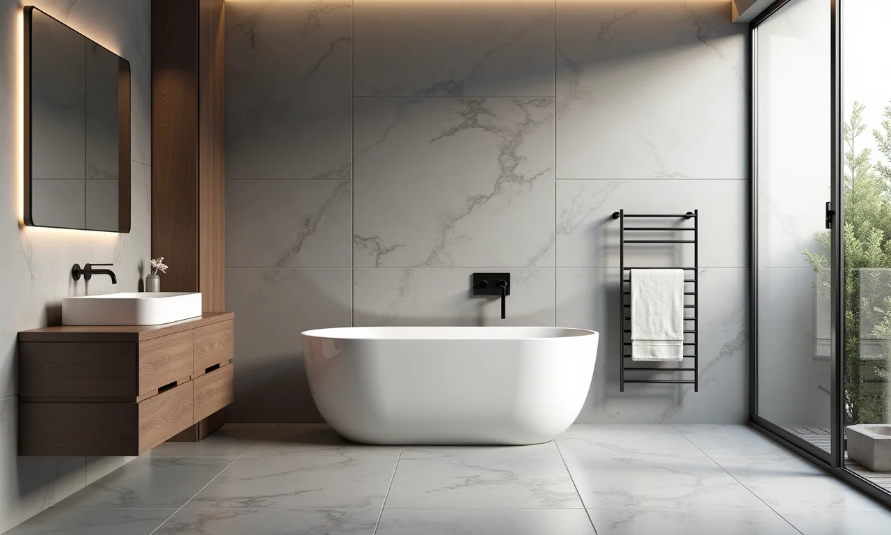 Banheiro moderno com porcelanato cinza da Leroy Merlin, estilo minimalista e iluminação suave.