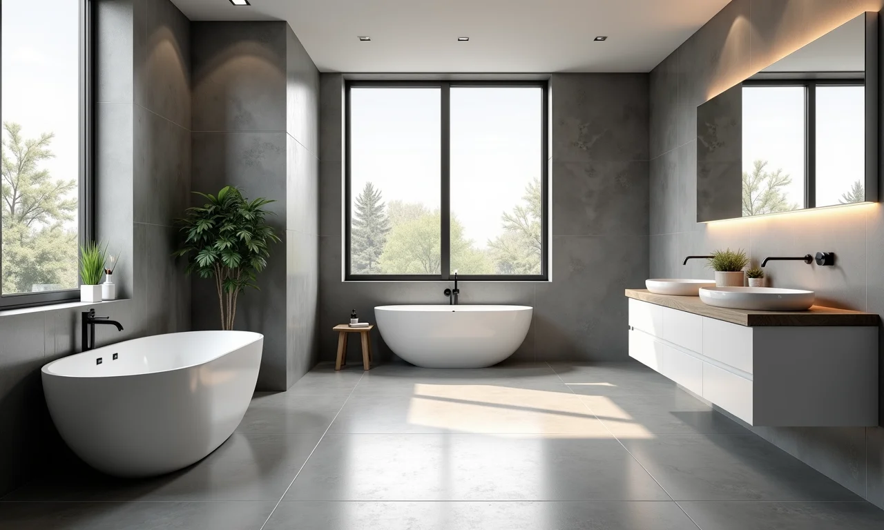 Banheiro moderno com porcelanato cinza e branco, design minimalista e iluminação natural.