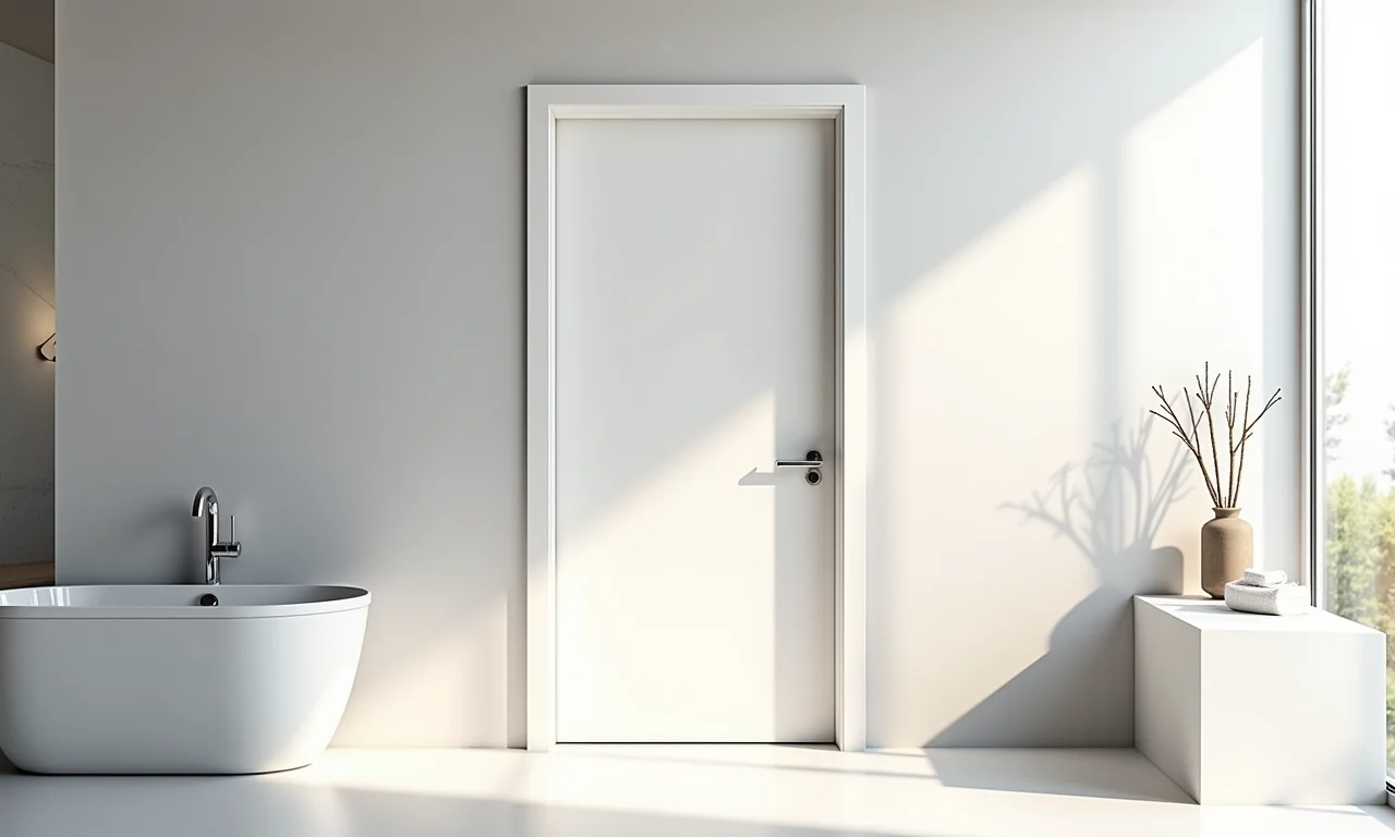 Banheiro moderno com porta de alumínio branca, design minimalista.