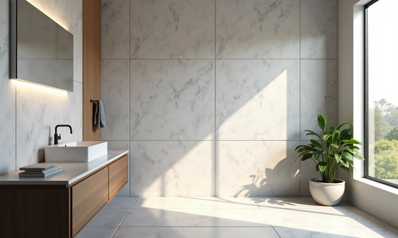 Banheiro moderno com revestimento 3D texturizado.