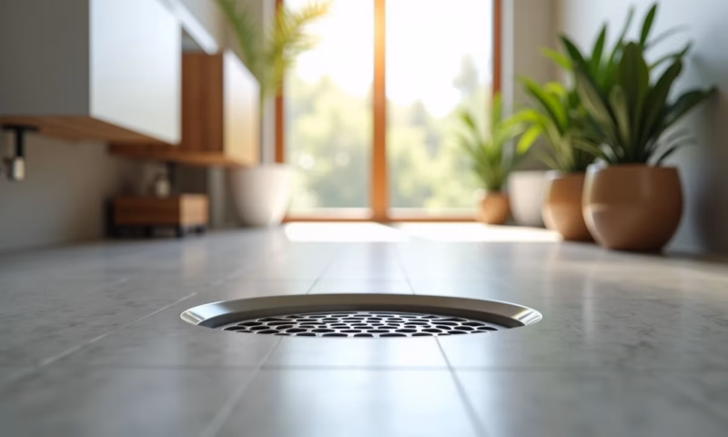 Banheiro moderno com sistema de drenagem elegante e iluminação natural.