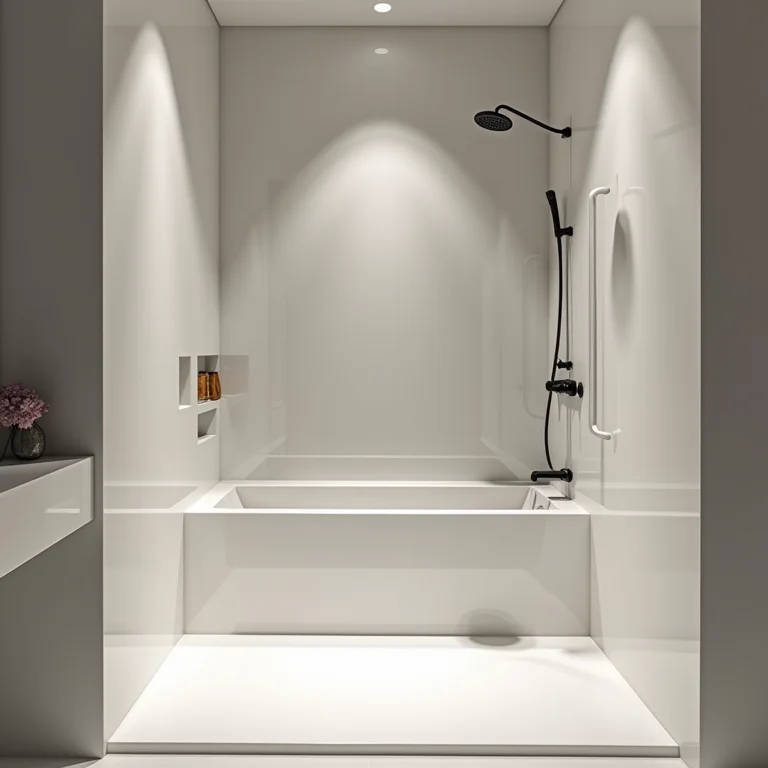 Banheiro moderno com superfícies lisas e sintéticas