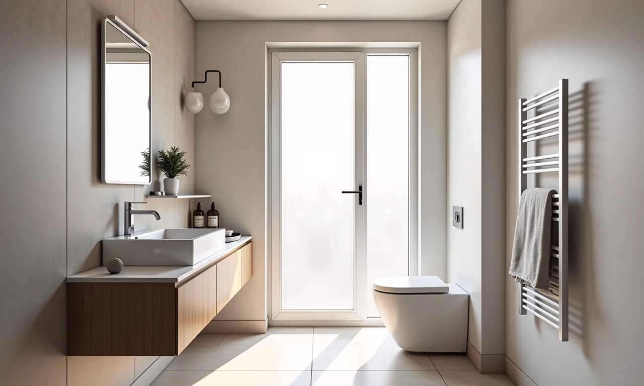 Banheiro moderno e pequeno em apartamento brasileiro, com luz natural e cores neutras.