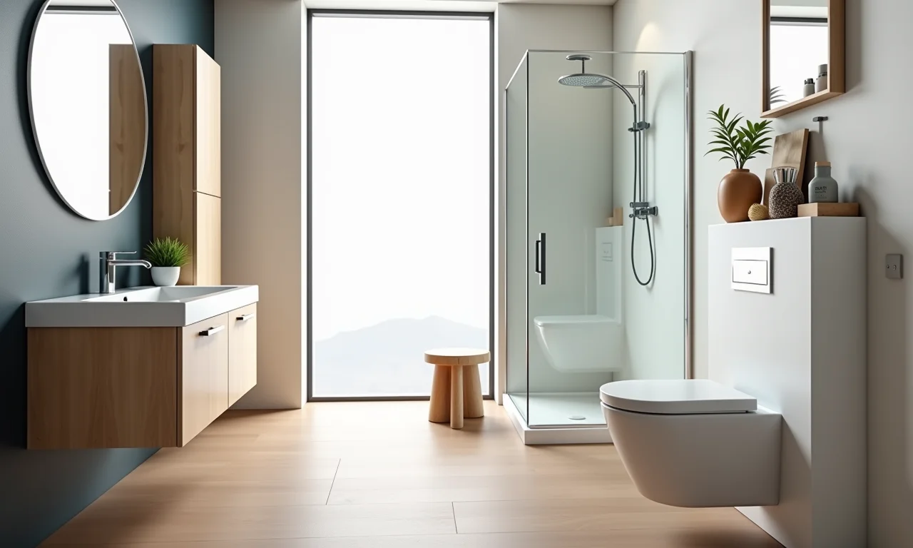 Banheiro pequeno com armário de chão otimizado para espaço.