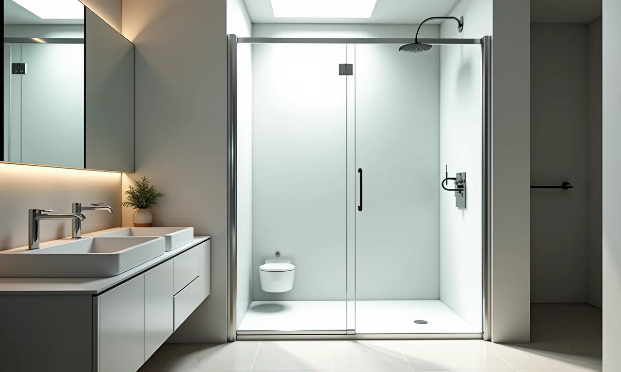 Banheiro pequeno com box de vidro, leveza e luminosidade.