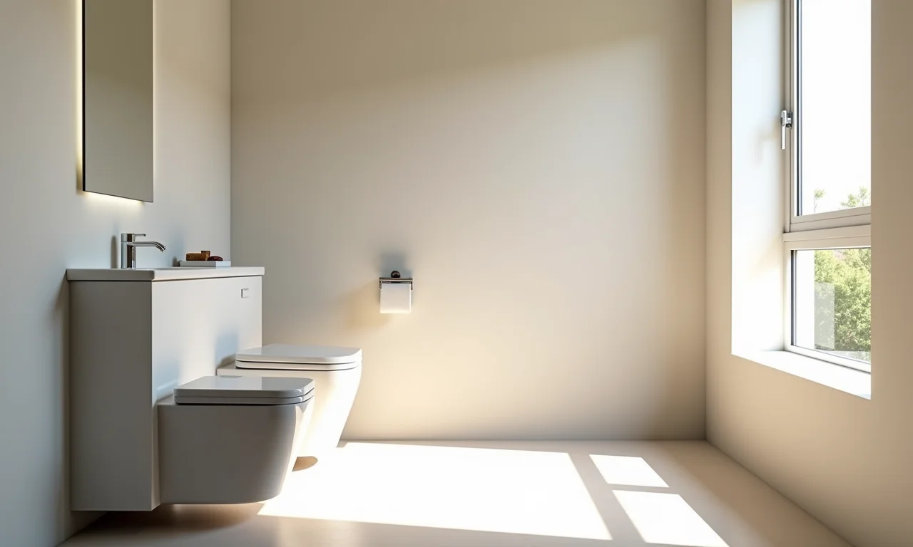 Banheiro pequeno com cores claras e neutras refletindo a luz e ampliando o espaço.