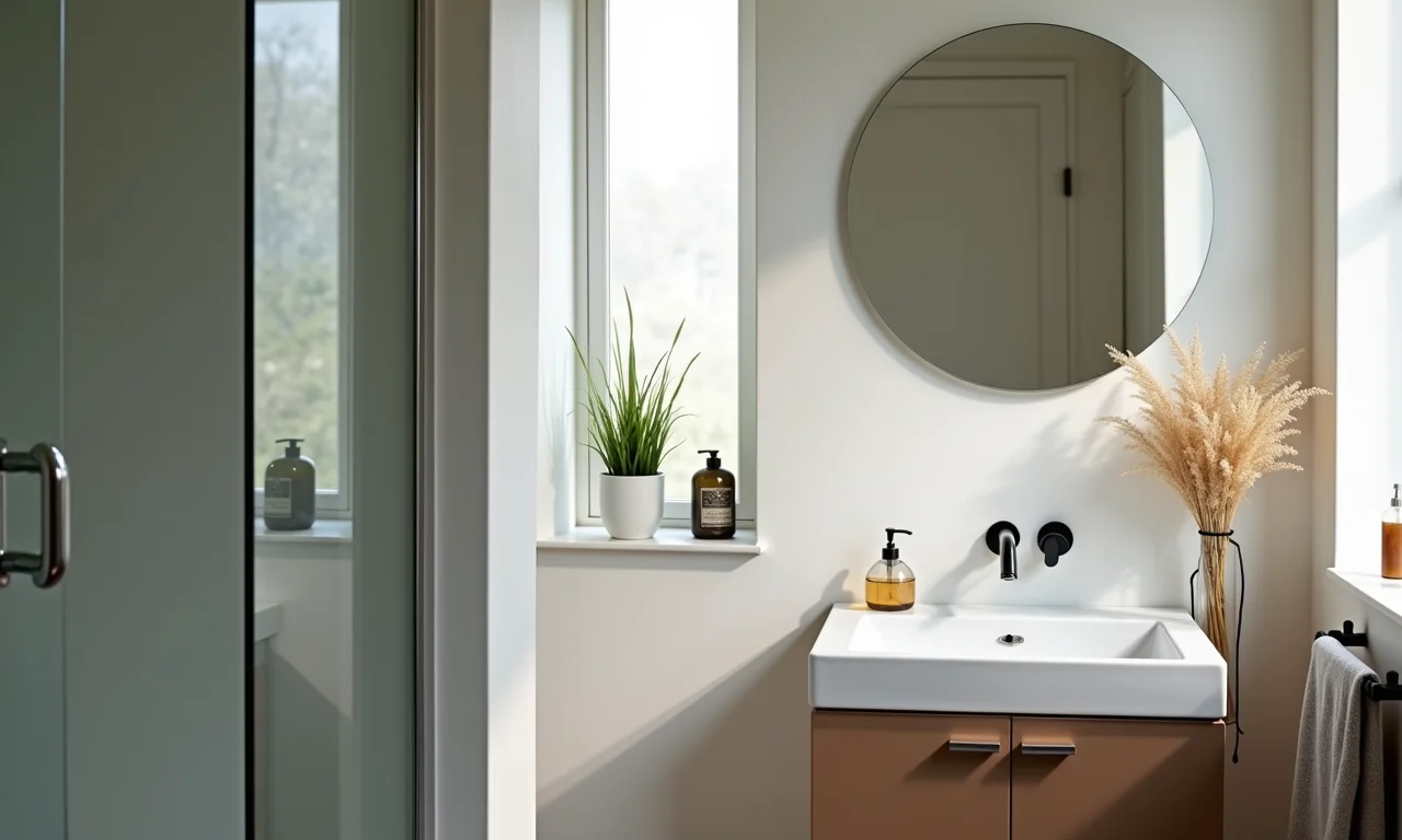 Banheiro pequeno com cuba de apoio pequena, design e funcionalidade.