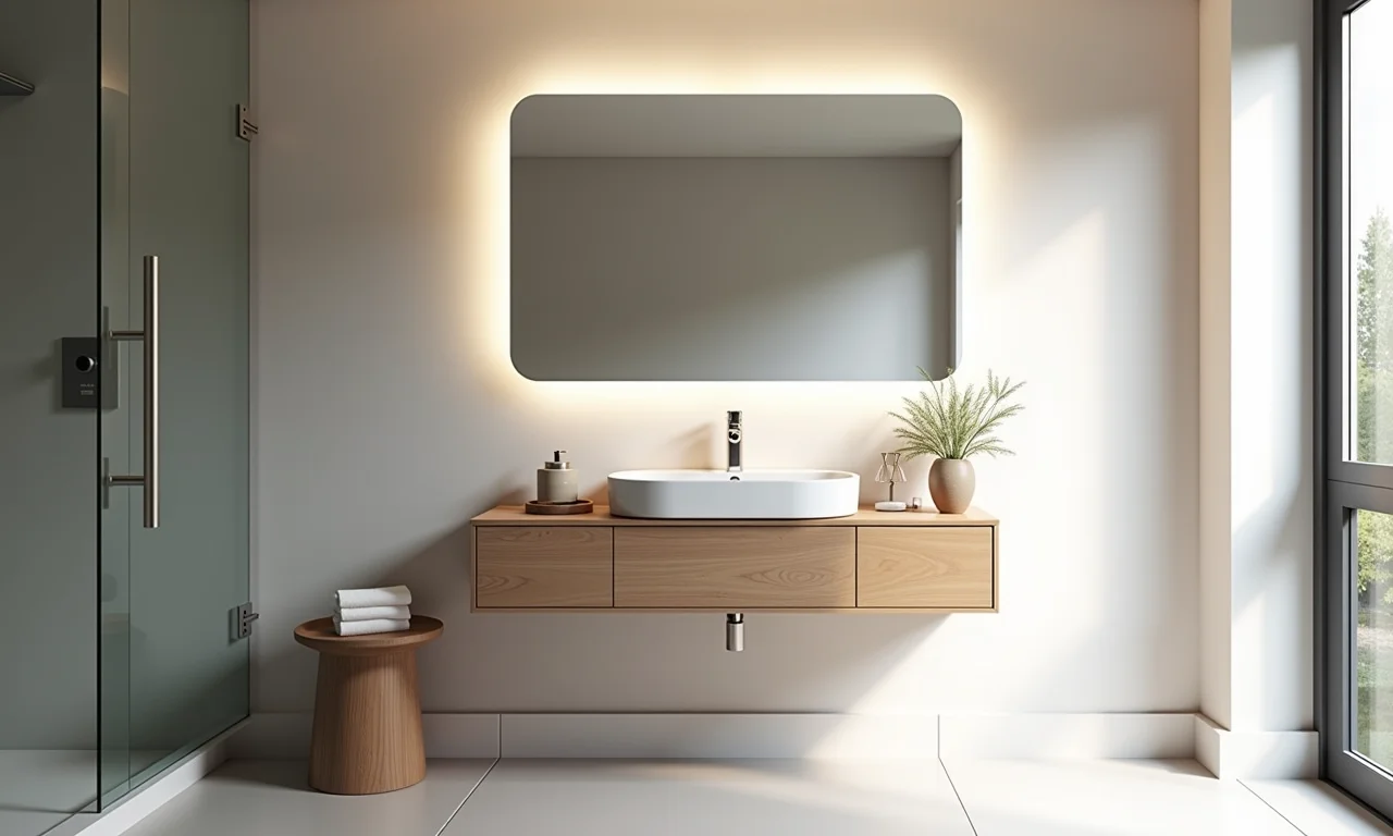 Banheiro pequeno com design moderno e cores claras para ampliar o espaço.