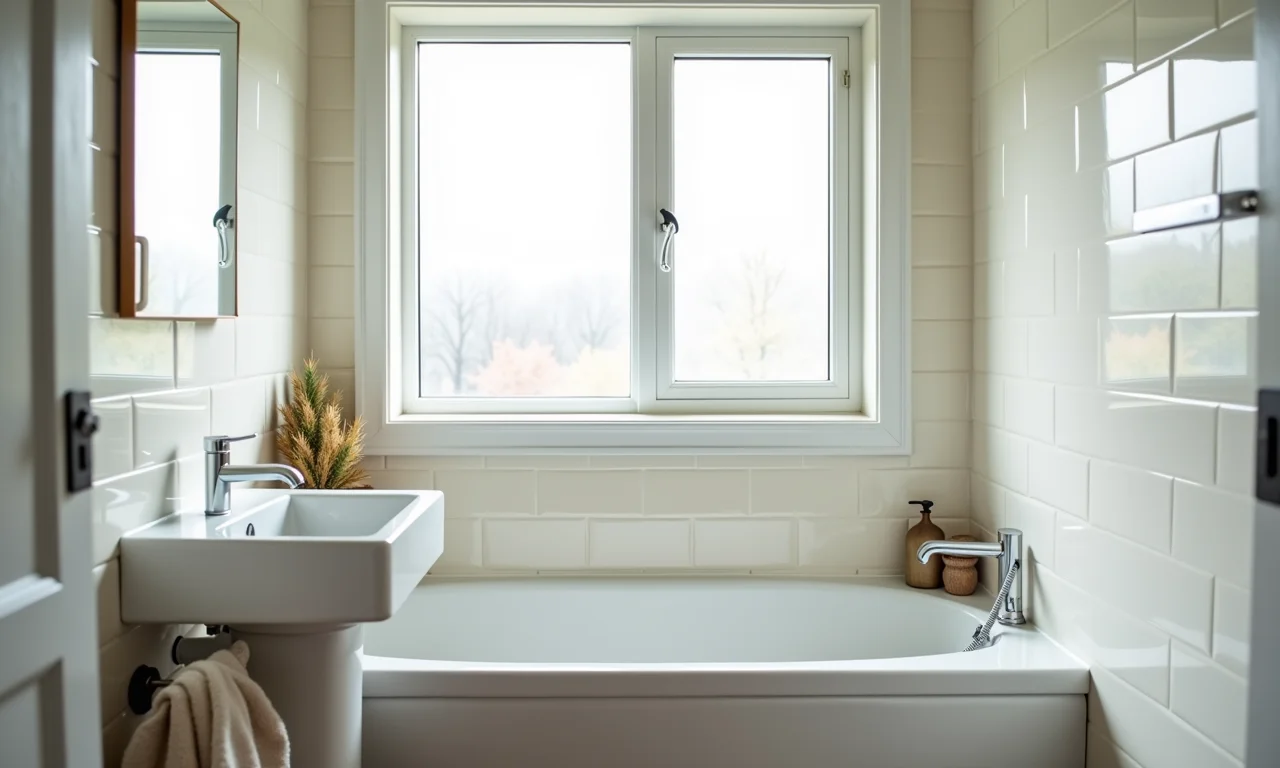 Banheiro pequeno com janela de canto que otimiza o espaço.