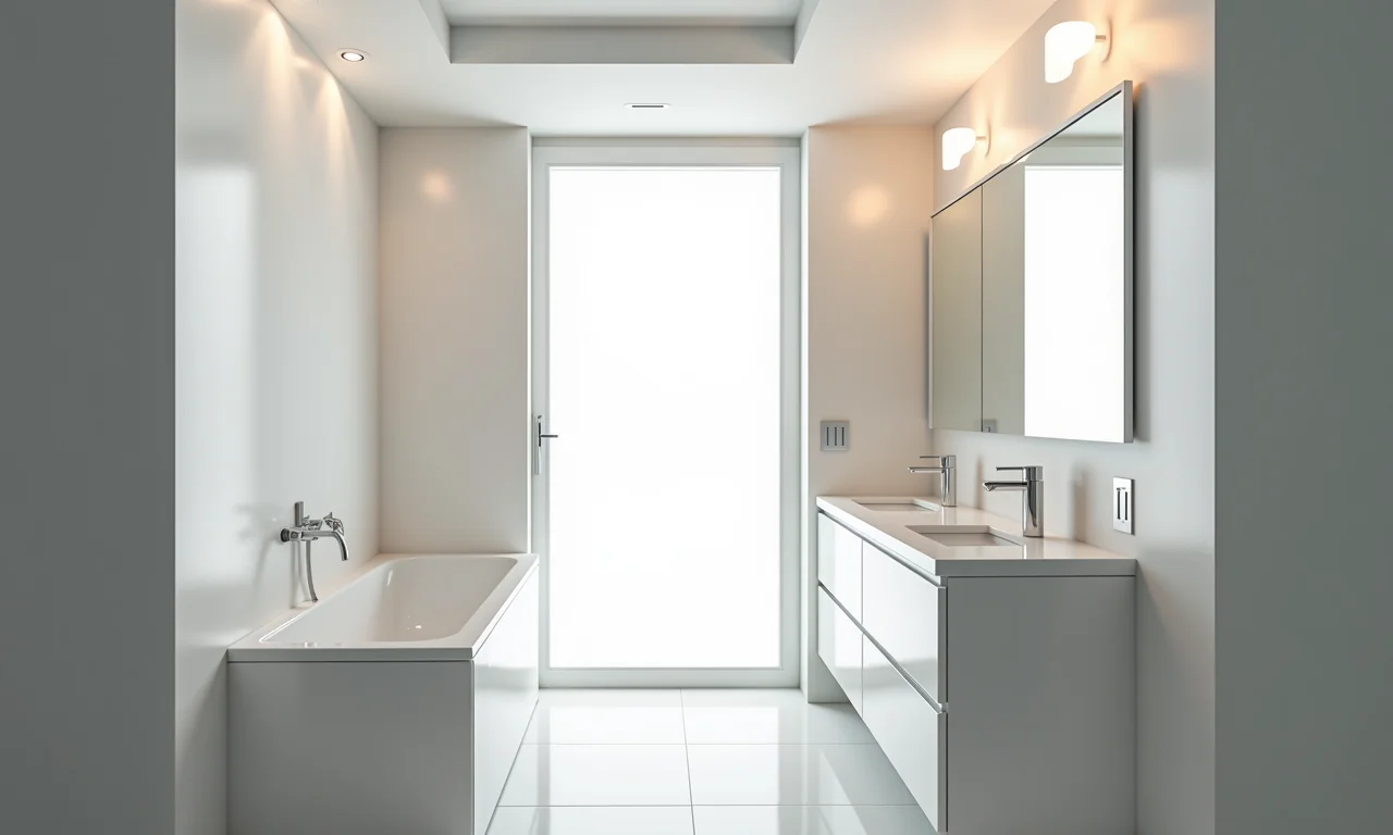 Banheiro pequeno com luz branca, ampliando o espaço.