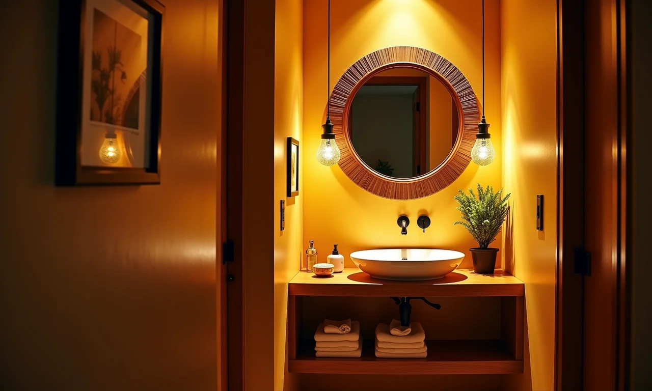 Banheiro pequeno com luz indireta, criando um ambiente aconchegante.