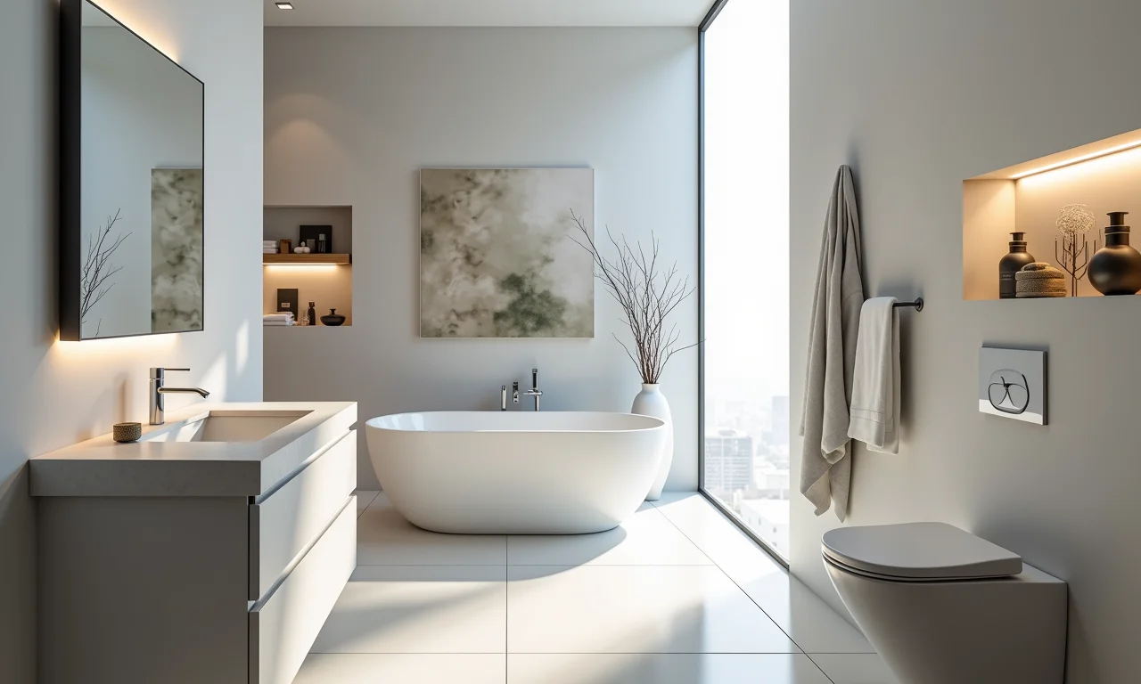 Banheiro pequeno com nichos embutidos, otimizando cada centímetro.