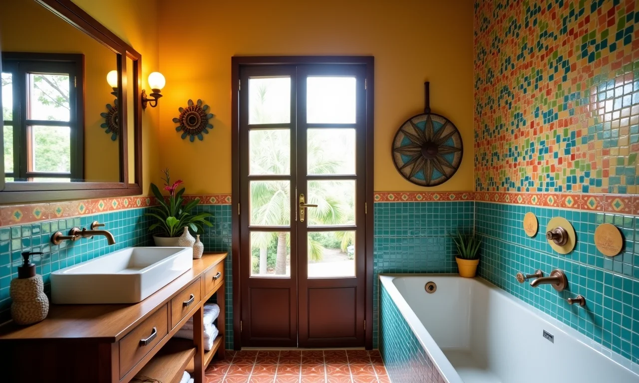 Banheiro pequeno com pastilhas coloridas, adicionando charme e detalhes.