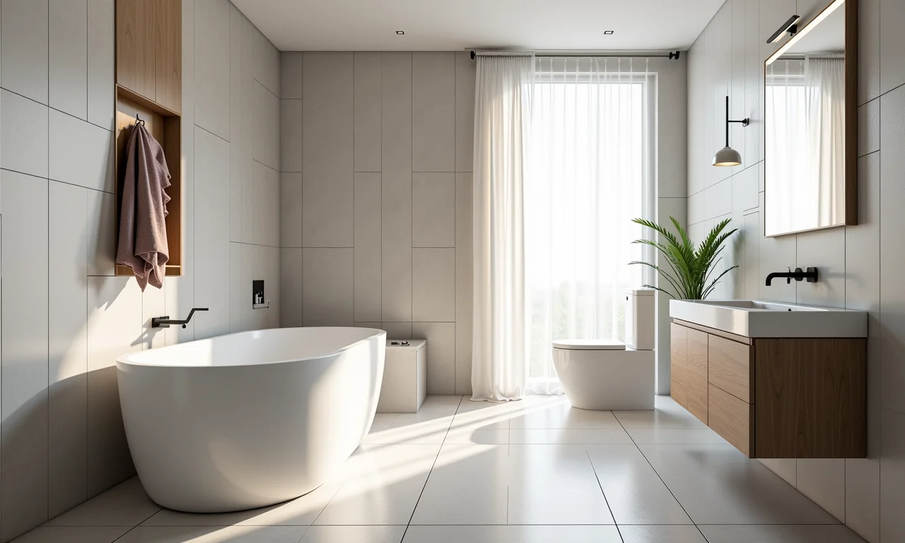 Banheiro pequeno com porcelanato de grandes formatos e poucas juntas, ampliando o espaço.