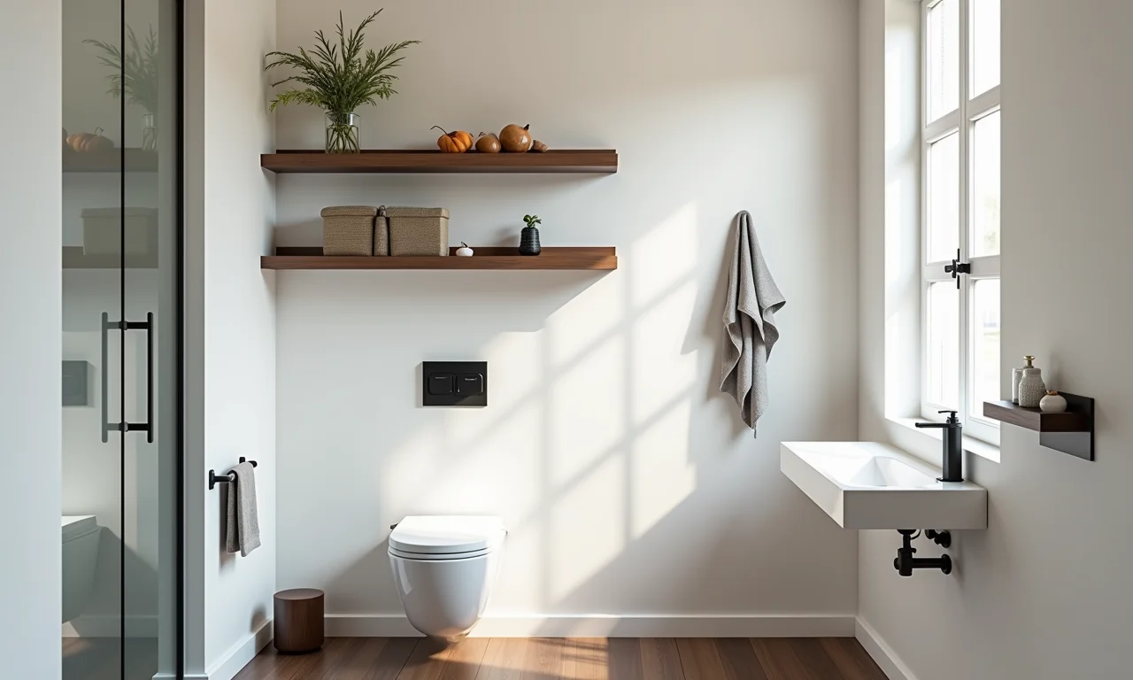 Banheiro pequeno com prateleiras e ganchos, aproveitando as paredes.