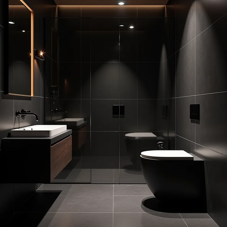 Banheiro pequeno com revestimentos escuros