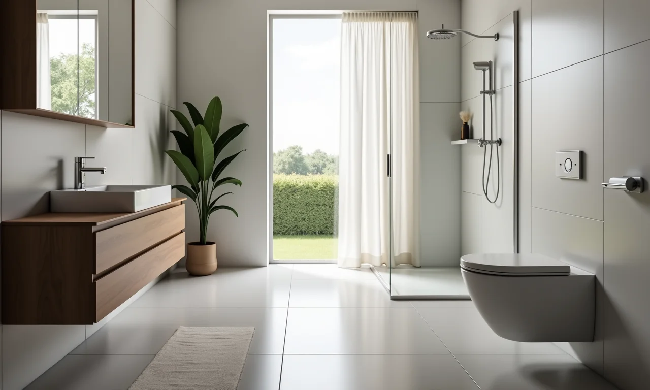 Banheiro pequeno com vaso sanitário suspenso, liberando espaço no chão.