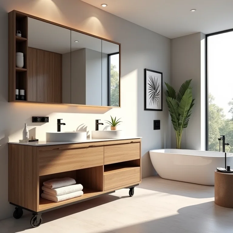 Banheiro prático com gabinete com rodinhas, soluções de armazenamento inteligentes e iluminação clara.