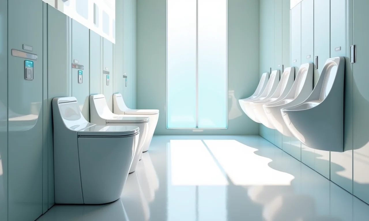 Banheiro público futurista com tecnologia de autolimpeza e materiais sustentáveis.