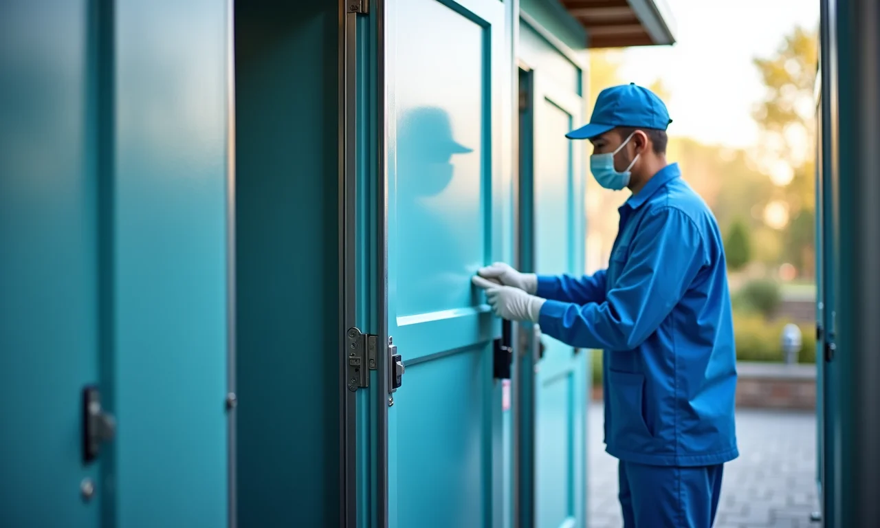 Banheiro químico limpo e higienizado para uso.