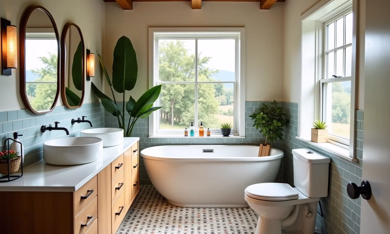 Banheiro renovado com orçamento limitado, estilo vibrante e alegre.