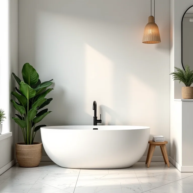 Banheiro renovado com soluções econômicas: nova pintura, acessórios modernos e plantas.