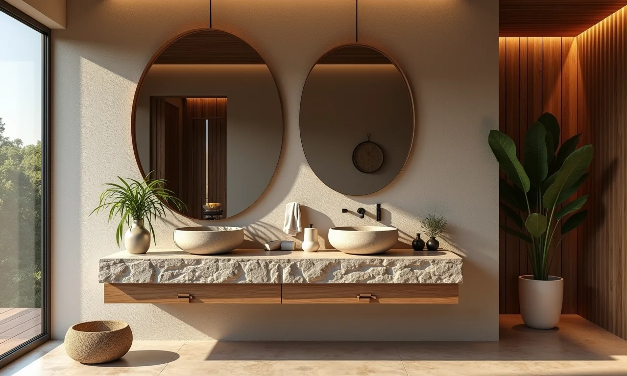 Banheiro rústico com cuba de apoio de pedra natural.