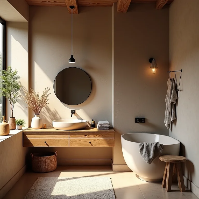 Banheiro rústico com gabinete aconchegante, materiais naturais e iluminação quente.