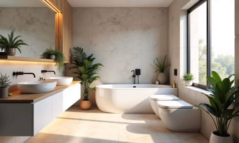 Banheiro social moderno com design clean e toques vibrantes.