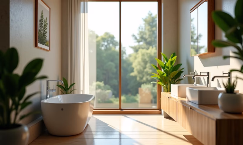 Banheiros Sustentáveis: 7 Ideias para Implementar Banheiro sustentável e moderno com iluminação natural e detalhes em madeira.