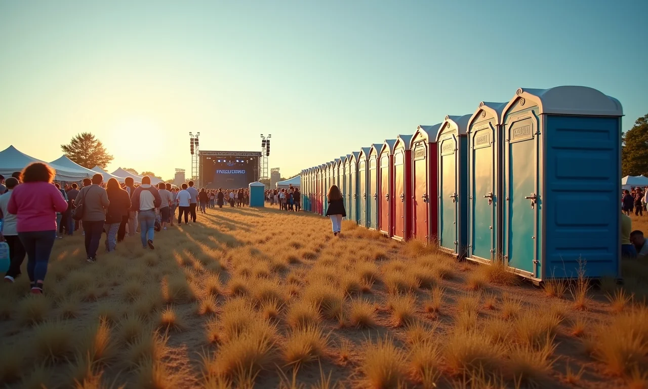 Banheiros químicos em festival de música ao ar livre.