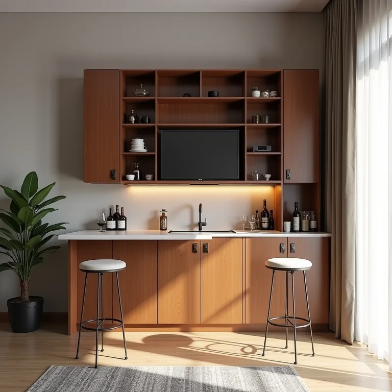 Bar compacto em canto de sala otimizando espaço