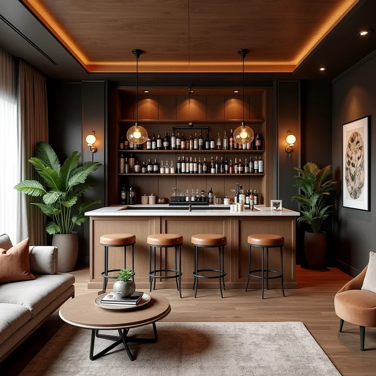 Bar na sala com estilos conflitantes.